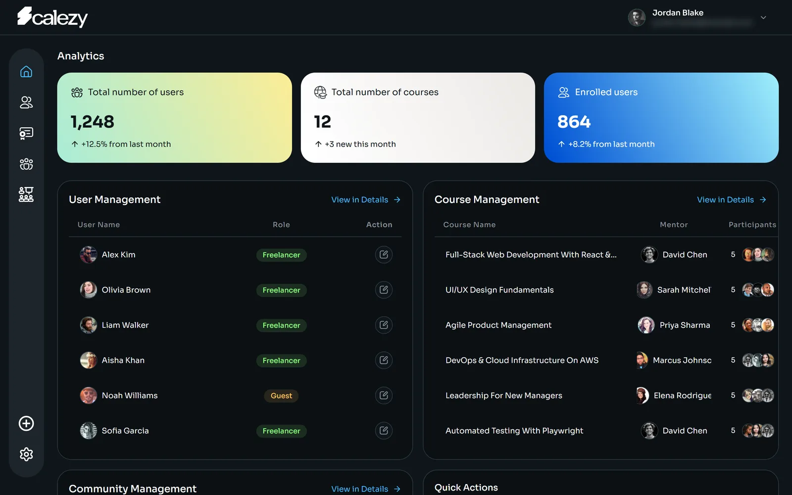 Admin dashboard: user, course and enrolment totals above the user and course tables.