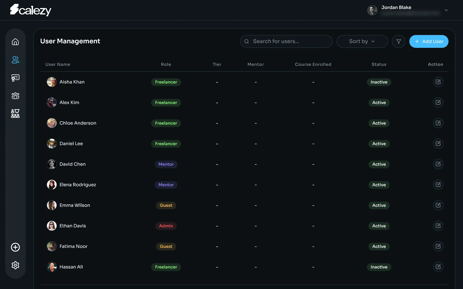 User management: searchable table of users with role and status.