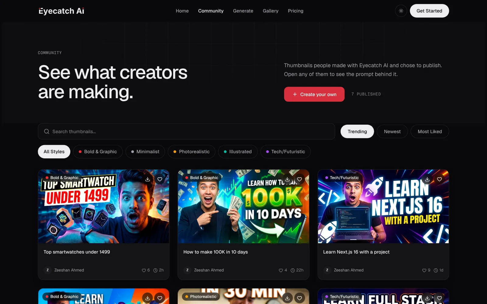 The public community page in dark mode, sorted by Trending, with a like count on each thumbnail.