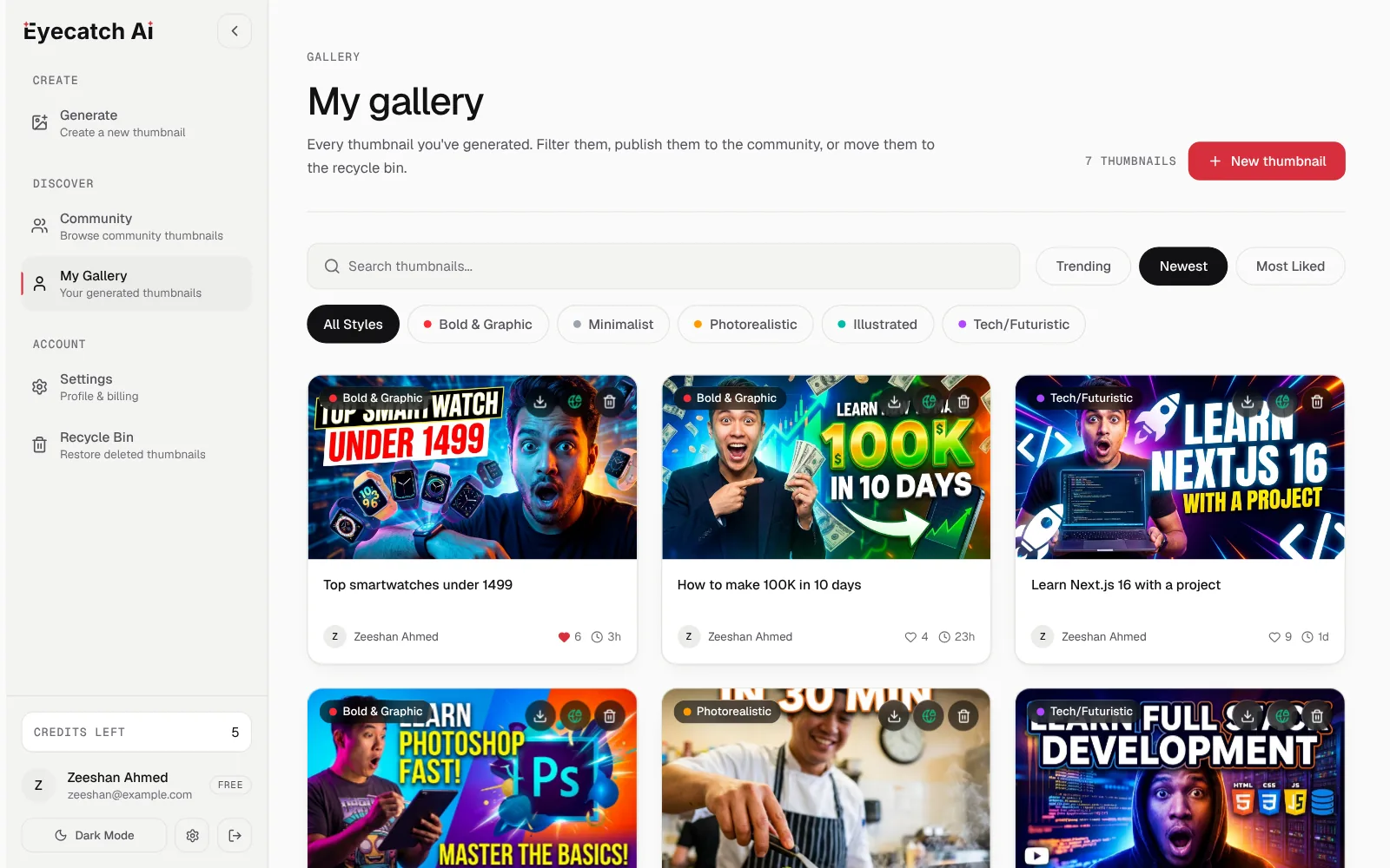 My gallery: search, Trending, Newest and Most liked sorts, style filters and the thumbnail cards.