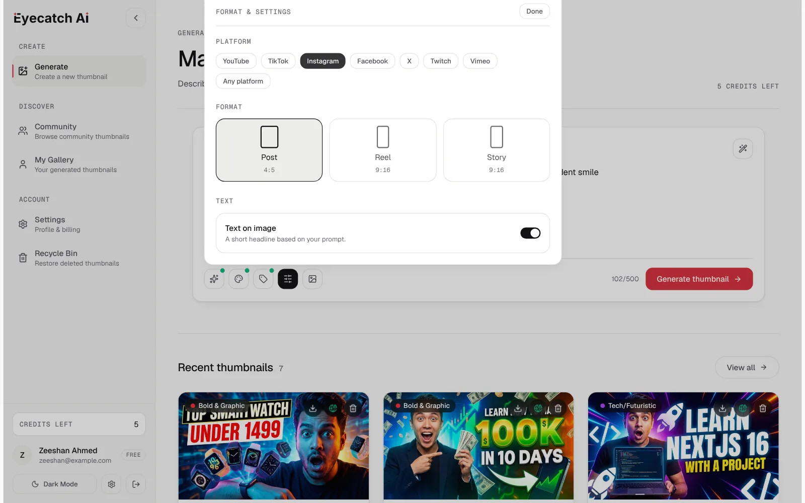 The generator with the Format & settings panel open: Instagram post, Reel and Story sizes, and the text-on-image switch.