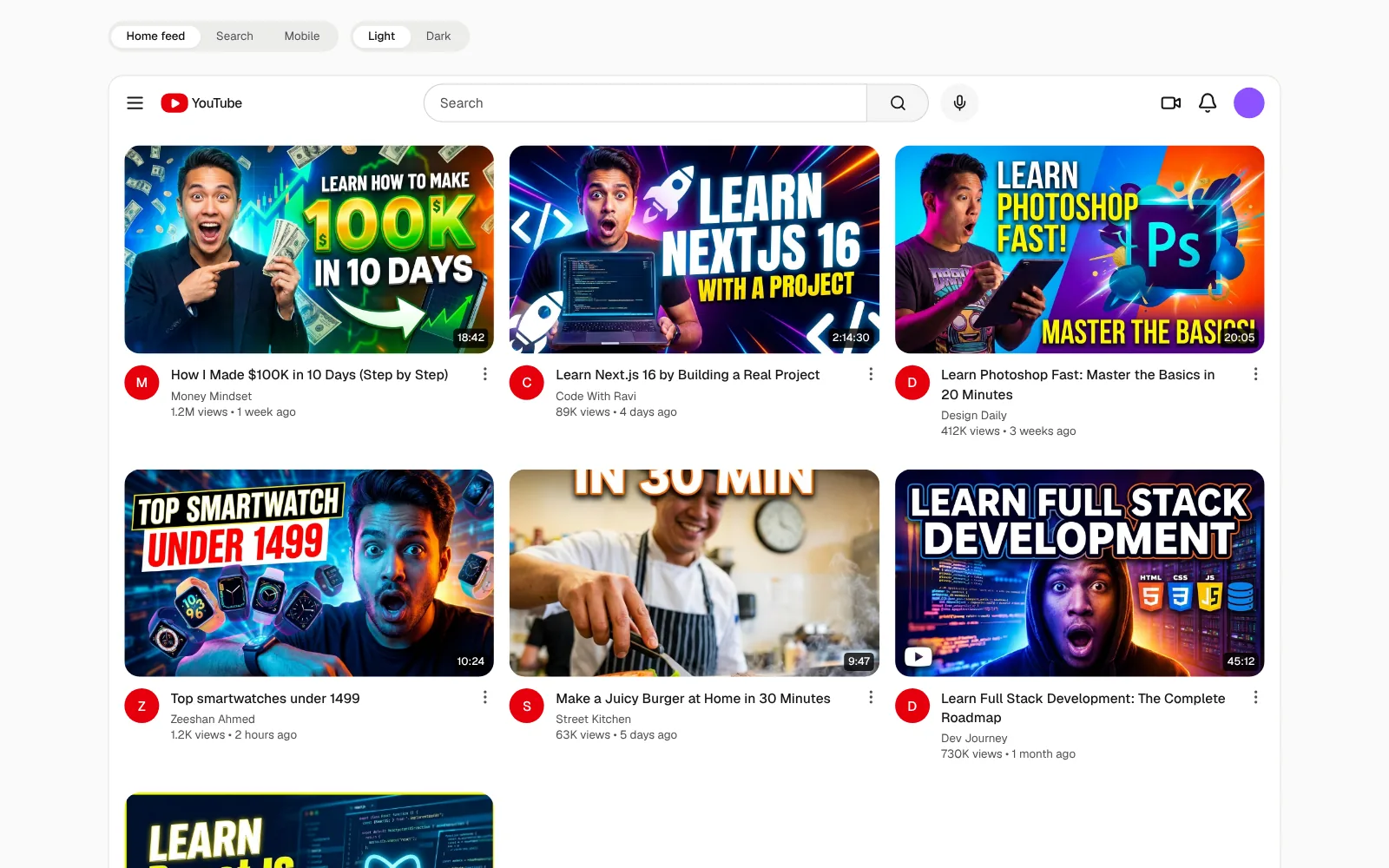 YouTube preview: the thumbnail placed among other videos on a mock YouTube home feed.