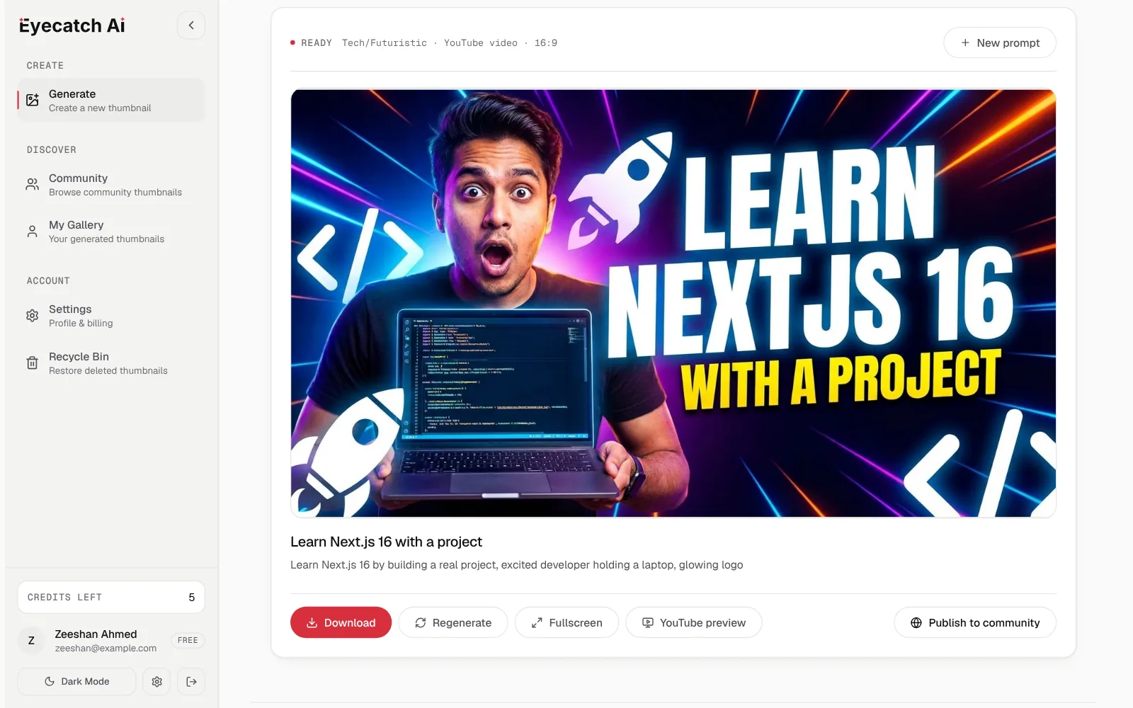 A generated YouTube thumbnail with Download, Regenerate, Fullscreen, YouTube preview and Publish to community.