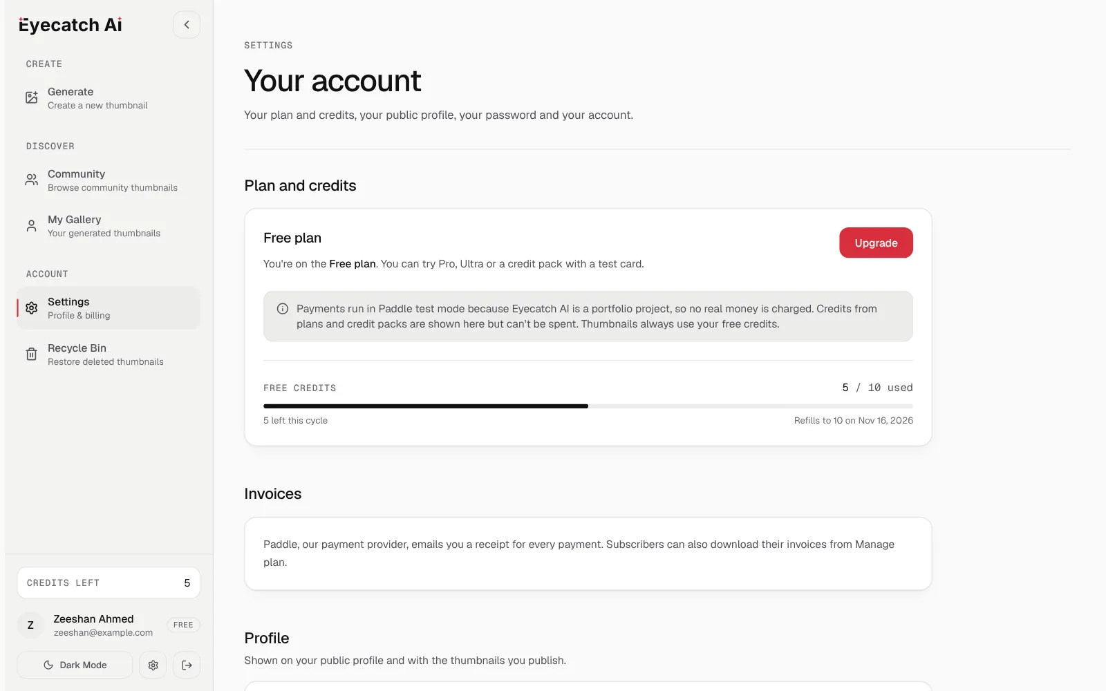 Settings: the Free plan, the Paddle test-mode note and the free credits used this cycle.