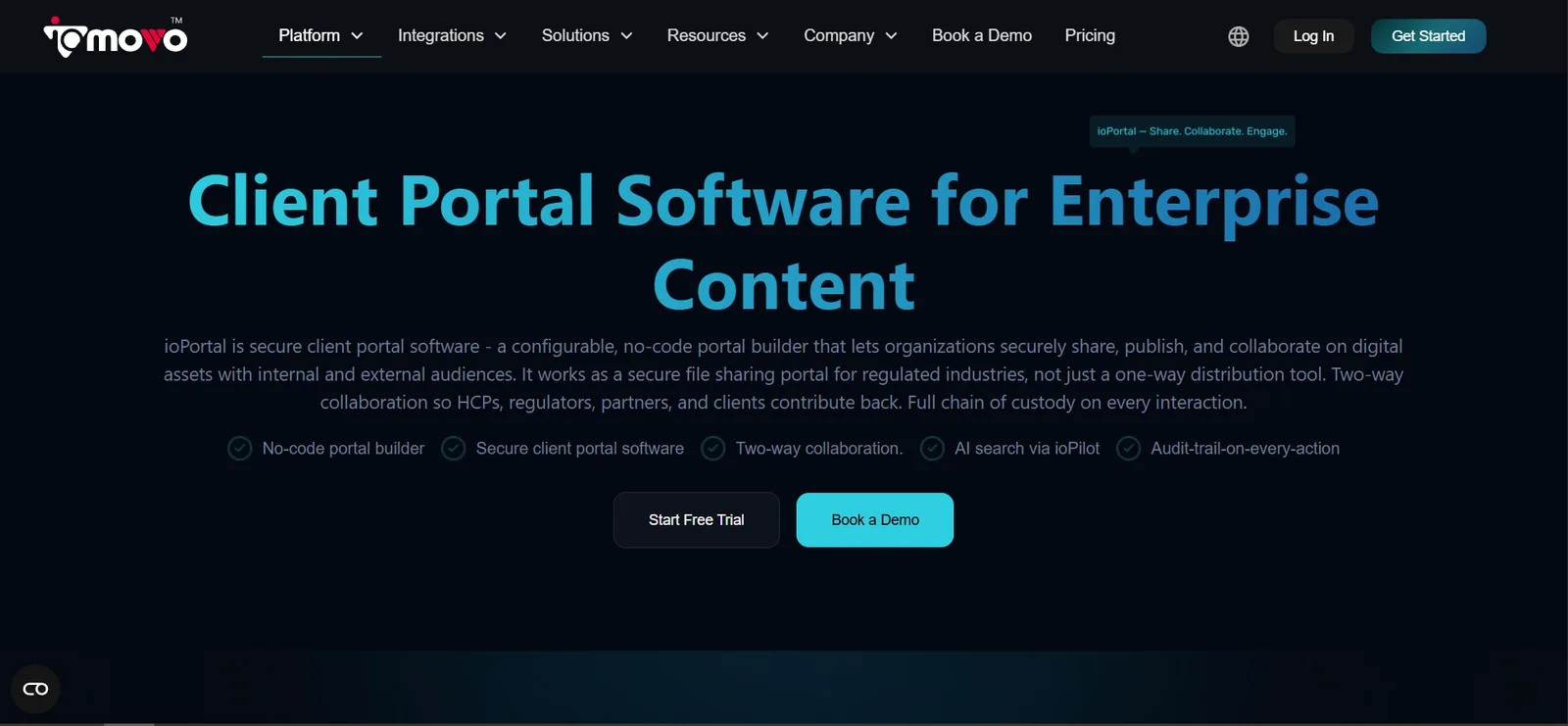 ioPortal product page: "Client Portal Software for Enterprise Content".