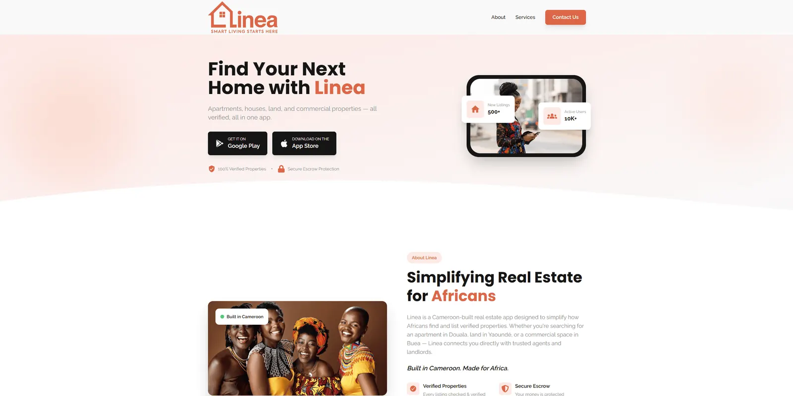 Linea landing page with a phone mockup and app store buttons.