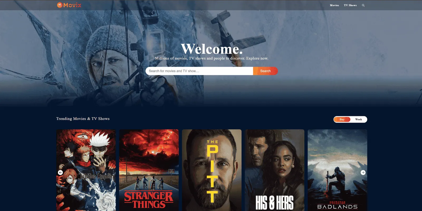 Movix home page with a search banner and trending posters.