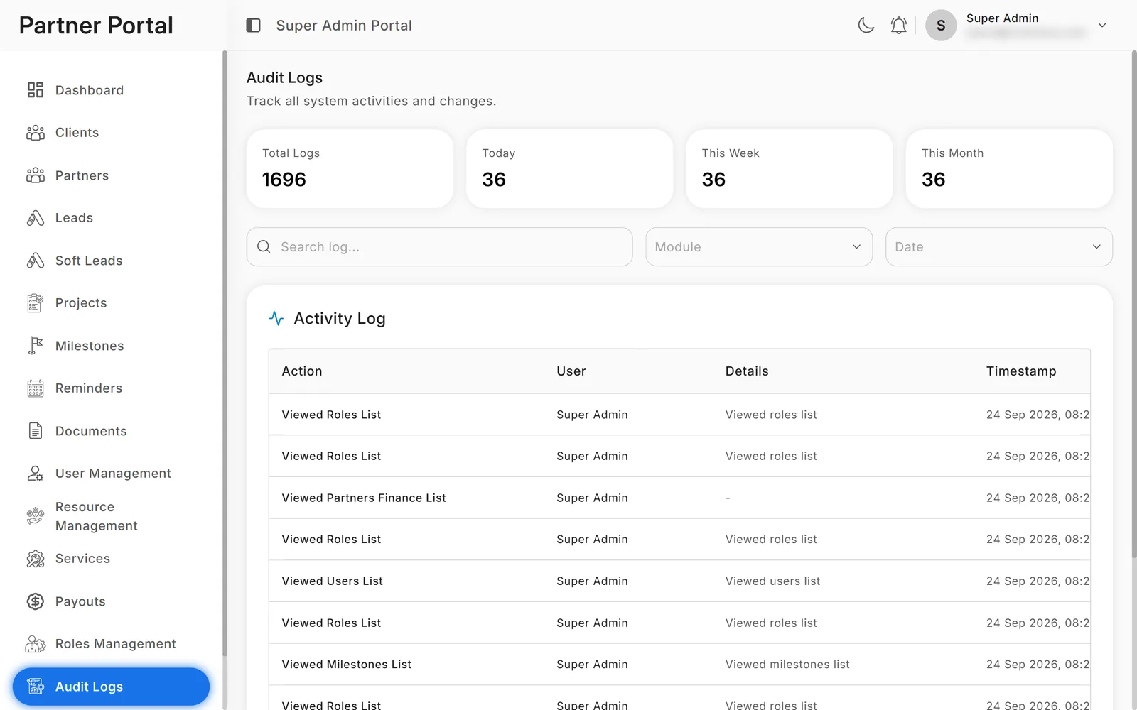 Audit logs: every action by every user, with totals and module and date filters.