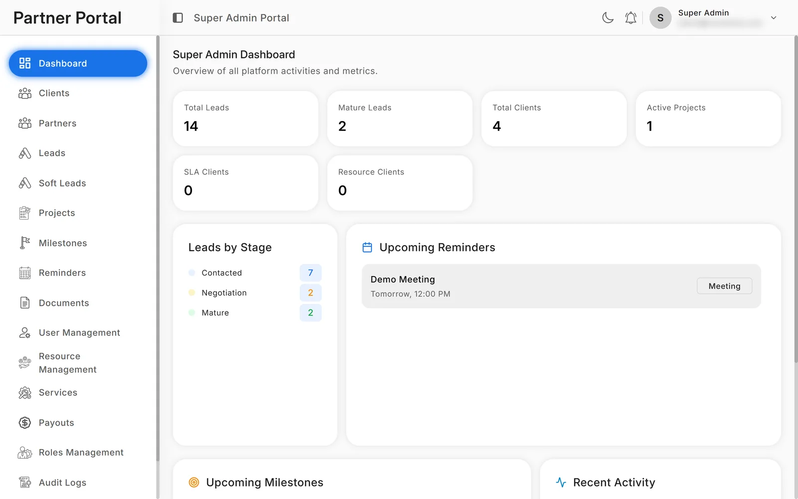 Super admin dashboard: lead, client and project totals, leads by stage and upcoming reminders.