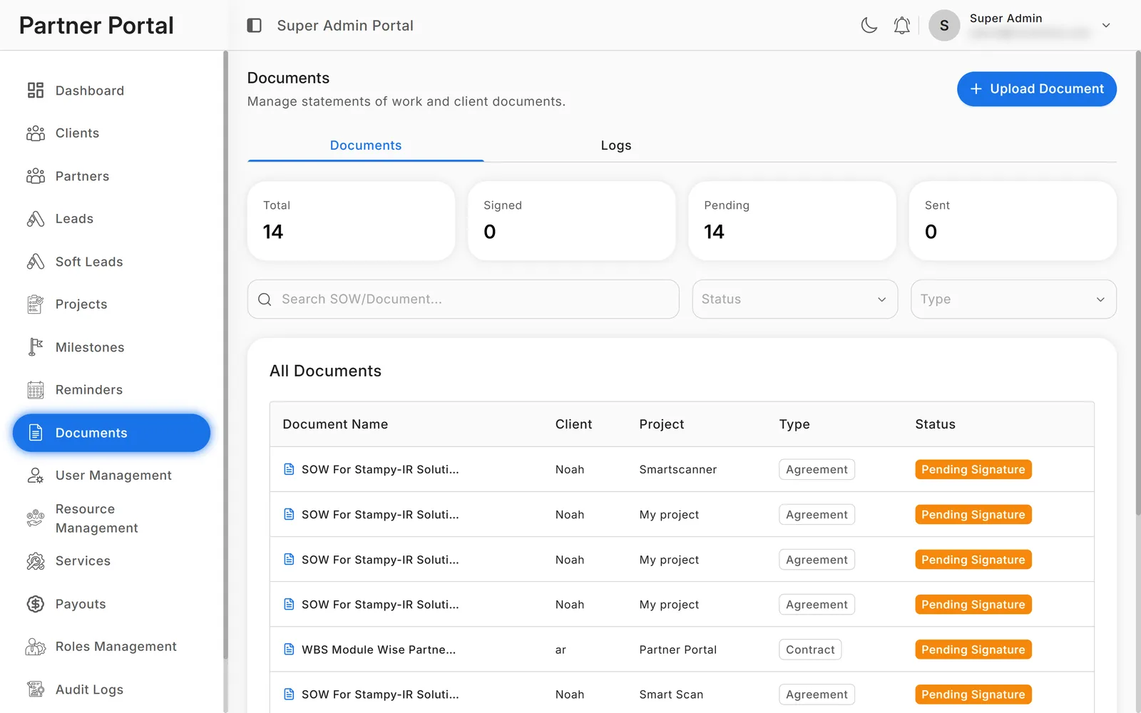 Documents: statements of work and contracts with signature status per client and project.