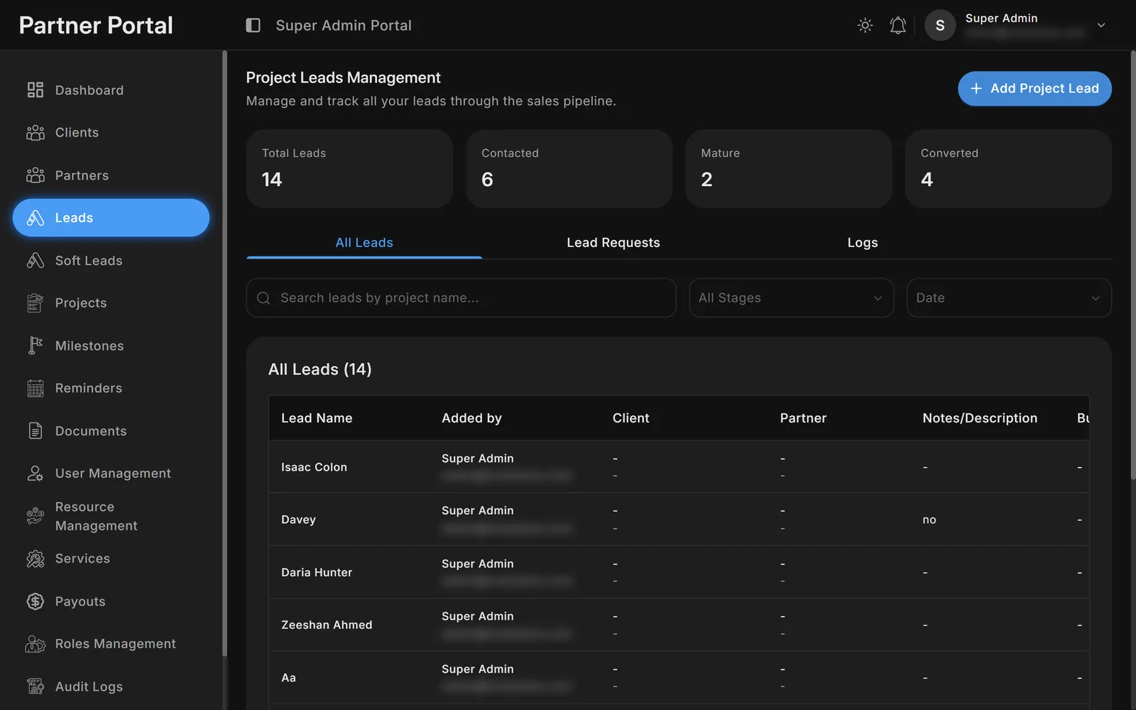 Leads management in dark mode: pipeline totals, stage and date filters, and the leads table.