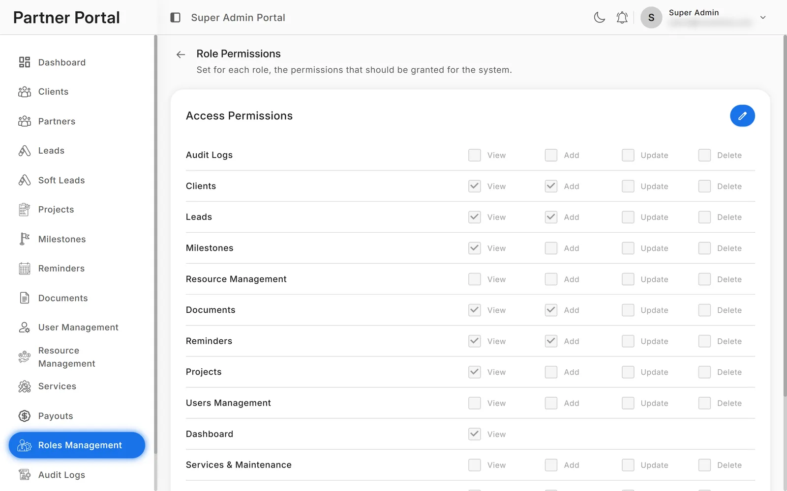 Role permissions: View, Add, Update and Delete toggles for every module, set per role.