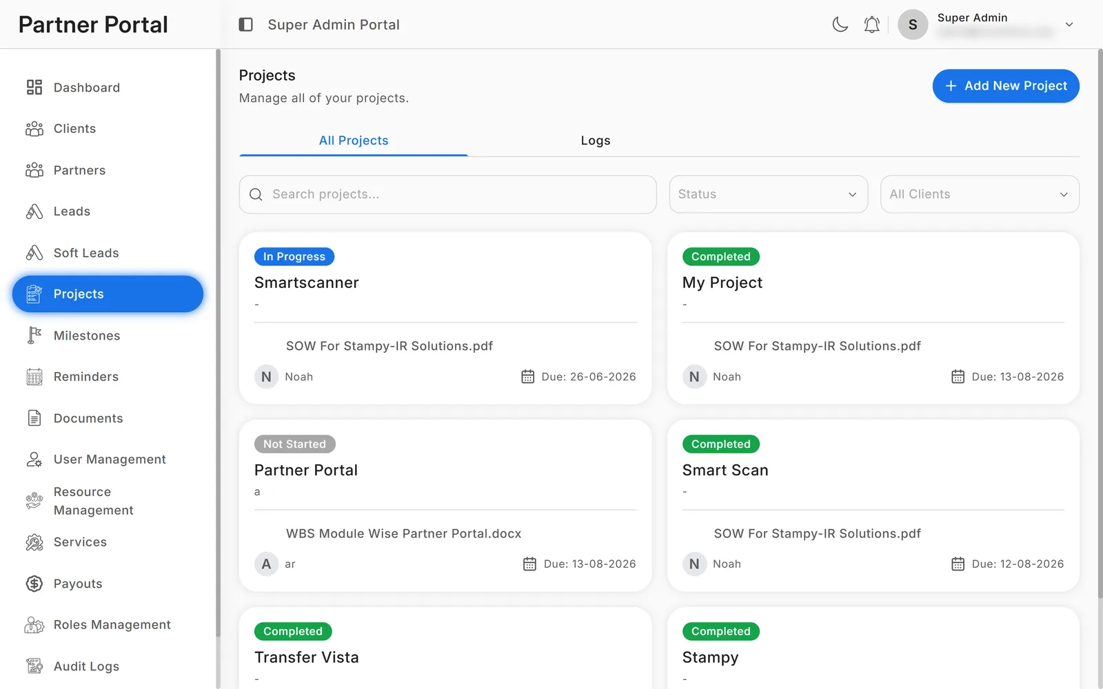 Projects as cards with status, attached statement of work, owner and due date.