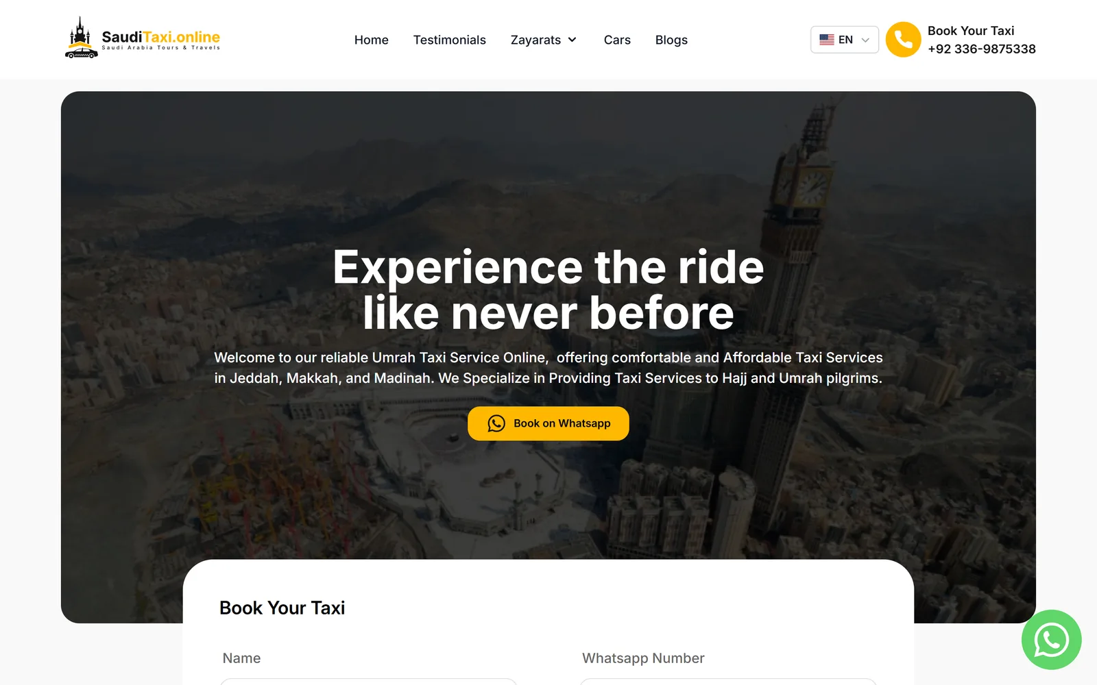 Saudi Taxi home page with a Makkah skyline hero and the booking form.